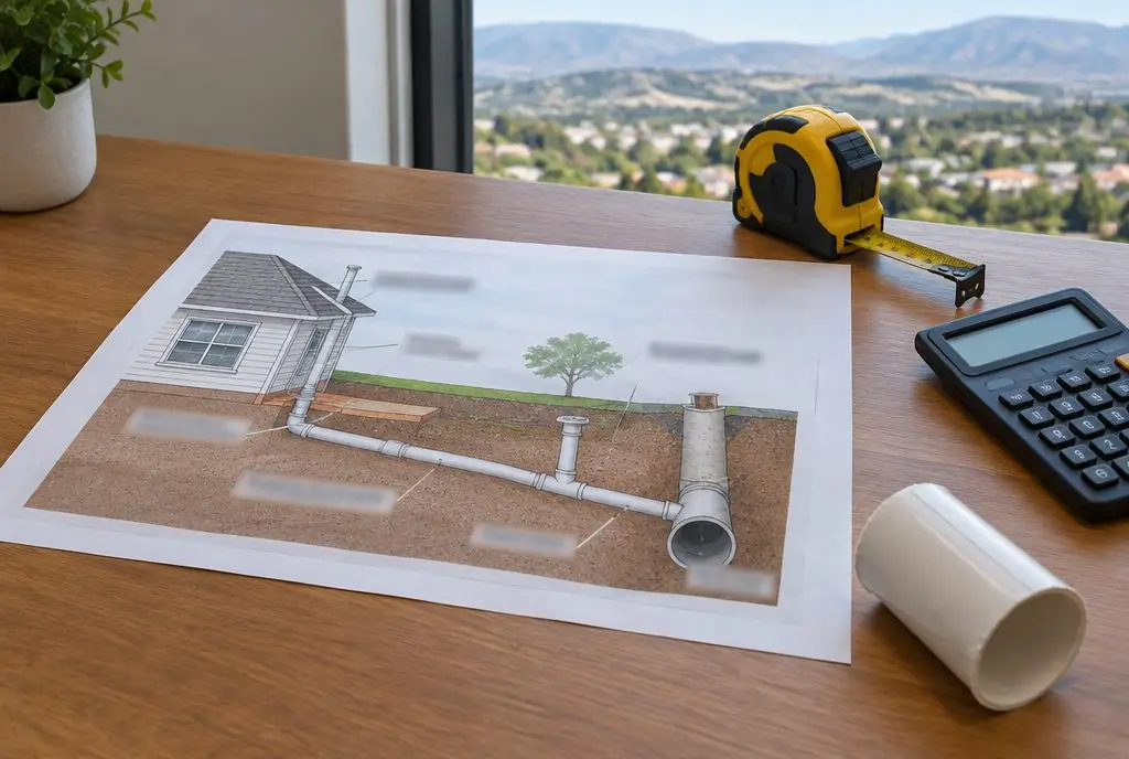 Illustration: a printed sewer lateral diagram, a tape measure and a calculator with blurred figures on a desk beside a camera inspection still