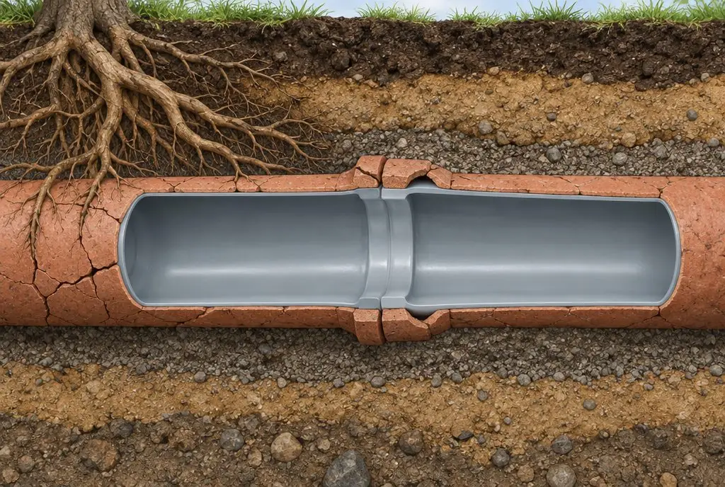 Illustration: a cutaway of an old clay sewer pipe with a new epoxy liner cured inside it, roots stopped at the old joint